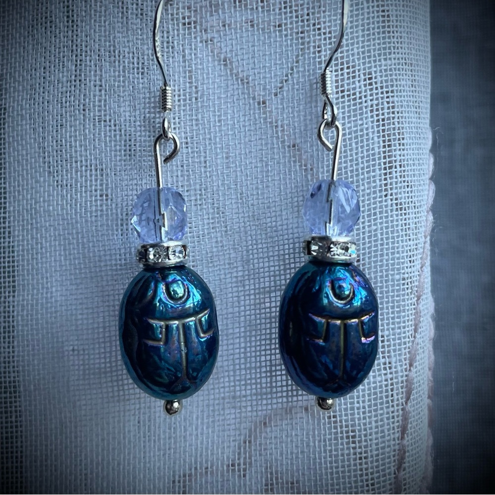 Iridescent Scarab and Austrian Crystal earrings 925 new handmade